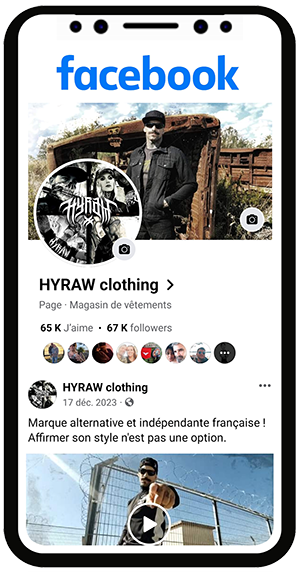 Profil Facebook Hyraw Clothing avec plus de 67 mille abonnées.